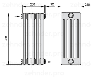 Схема (чертеж) Радиатор Zehnder Charleston 6090/5 №1670 Белый глянцевый RAL 9016